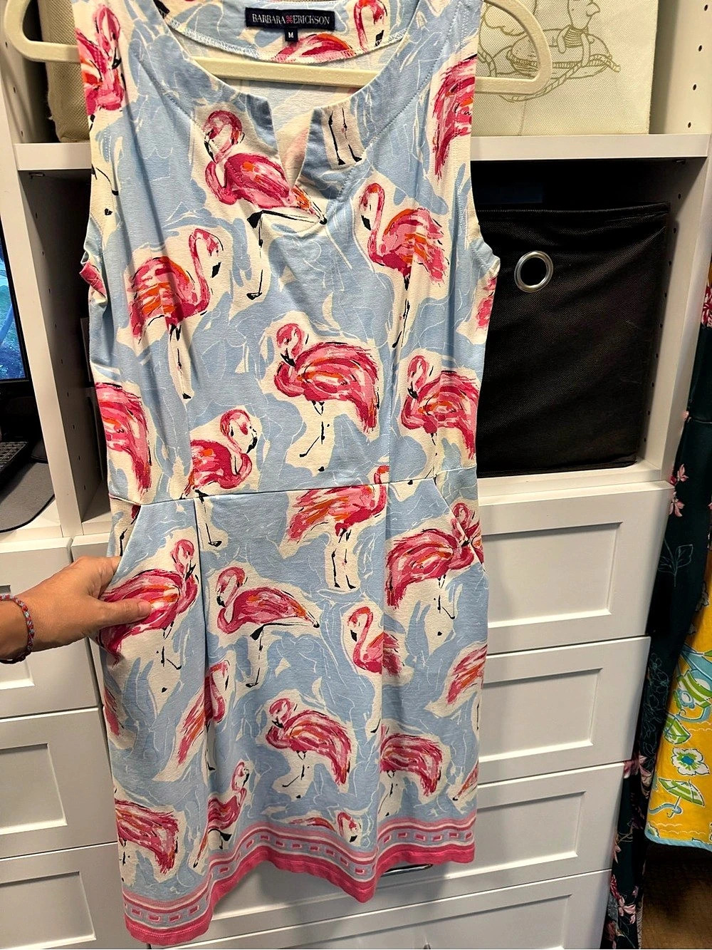Barbara Erickson Flamingo Print Sleeveless Shift Dress Medium